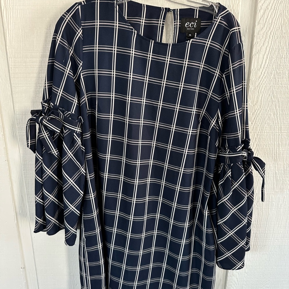 ECI Navy Plaid Dress with Coquette Style Tie Sleeves